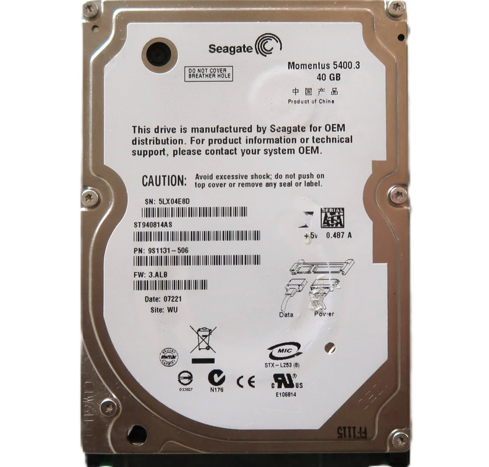 Seagate ST940814AS 9S1131-506 3.ALB (5LX0) WU China 40GB Sata 2.5" HDD NOV2006 - Image 1 of 1