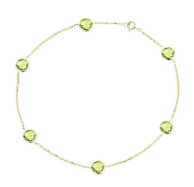 14K Yellow Gold Anklet Bracelet With Peridot Gemstones 10.5 Inches - Image 1 of 2