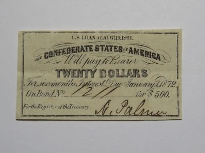 $20 1861 Confederate Bond Coupon Certificate Currency Bank Note Bill UNC - Image 1 of 2