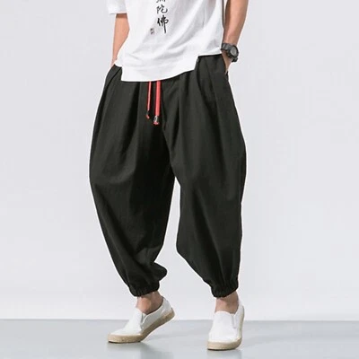 Men Harem Pants Casual Elastic Waist Hippie Bottoms Pant Baggy Wide Leg Trousers - Image 1 of 4