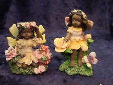 Set of TWO Black African American Girls With Flowers And Butterflies ~2.25”&3”~
