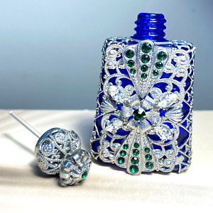 Bottle for Perfume Czech Blue Cobalt Glass Filigree Silver Tone Art Deco