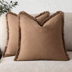 Set of 2 Decorative Linen Fringe Throw Pillow Covers Cozy Boho Farmhouse Cushion - Picture 1 of 12