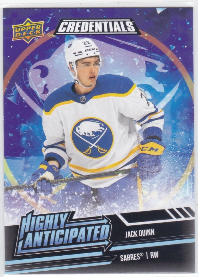 2022/23 CREDENTIALS..JACK QUINN..HIGHLY ANTICIPATED..ROOKIE..# HA-7..SABRES - Image 1 of 2