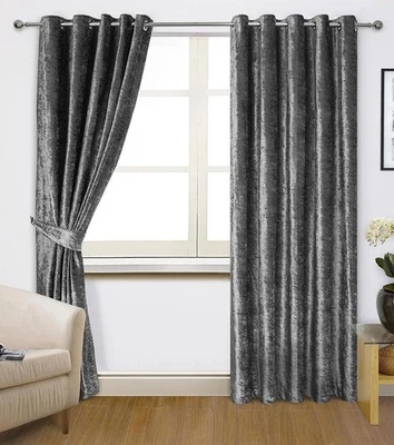  Grey CRUSHED VELVET Curtains Pair of EYELET Ring Top Heavy Fully Lined Curtains - Image 1 of 2