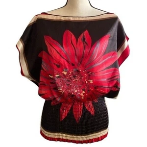 Red floral printed satin shirred waistline band kaftan top blouse size M - Picture 1 of 11