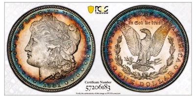 Dólar de plata Morgan 1881 graduación profesional MS63 Bullseye Target tono arco iris 🌈 ¡Hermoso! Foto 1 de 3