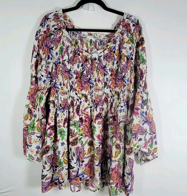 Spense Womens Blouse Smocked Paisley Sz 3XL Bell Sleeve Top Pullover Boho Flowy  - Image 1 of 4