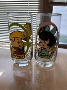 Vintage 1986 Flintstone Kids Pizza Hut Glasses Barney & Betty Hanna Barbera - Picture 1 of 4