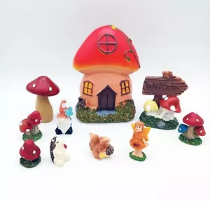 Fairy Garden Gnome Mushroom House Welcome Sign Fairy Hedgehog Figurines 10 Piece - Picture 1 of 14