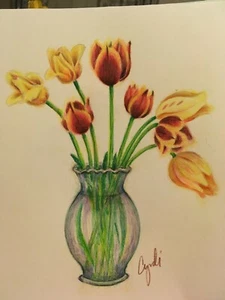 colored pencil drawing original flowers tulip  flowers in vase - Picture 1 of 5