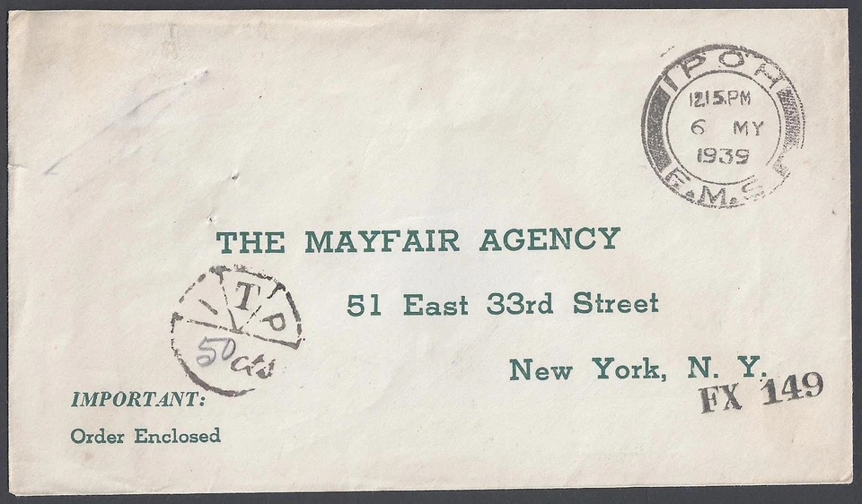 MALASIA EE. UU. 1939 IPOH FMS FECHA 6 MI 1939 A LA CIUDAD DE NUEVA YORK 50ctc POSTAJE VENCIDO MAR Foto 1 de 1