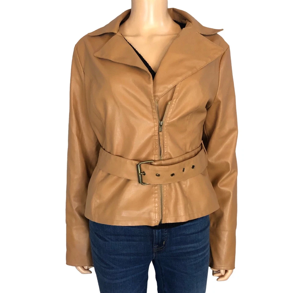 Chaqueta Moto Años 90 Y2K Sello Húmedo Mujer Cuero Sintético Marrón Camel Cinturón Talla XL Foto 1 de 4