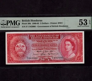 British Honduras 5 Dollars 1965 P-30b * PMG AU 53 EPQ * Rare Date 1965 * - Picture 1 of 2