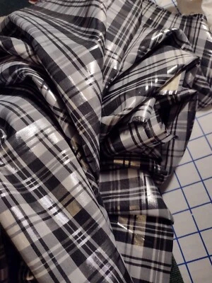 SILVER & BLACK TAFFETA Plaid Fabric, Super Shiny, Glamorous & Washable! - BT½YD - Image 1 of 4