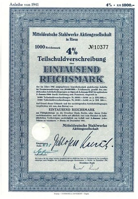 Segunda Guerra Mundial Alemania 1941 / Acciones y bonos ☀ 1000 Reichsmark 4% Bono XF Foto 1 de 2