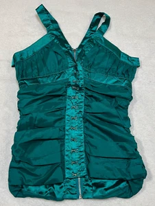 Teal Ruched Satiny Hook & Eye Front Exposed Zip Strappy Cage Back Lined Tank Top - Picture 1 of 5