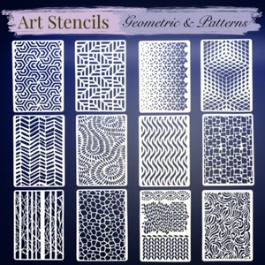 Set of 12 Geometric & Patterned Arts & Crafts Stencils Reusable 18cm x 13cm - Picture 1 of 14