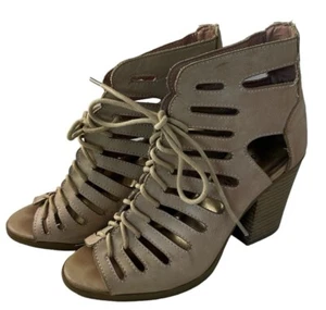 Madden Girl Raceyyy Women's Size  7 Open Toe Lace Up Cut Out  Heels Tan Brown - Picture 1 of 21