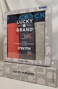 Lucky Brand 3 Cotton Stretch Boxer Briefs M Red Gray Blue w/ Firecrackers w/Fly 