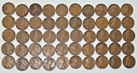 1928 P Lincoln Wheat Cent Roll. Average Circulated Condition. 50 Coins Cover