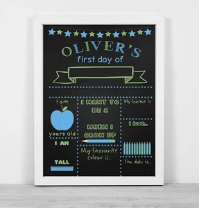 A4 or A3 Personalised framed blackboard print wipe clean first day school blue - Picture 1 of 2
