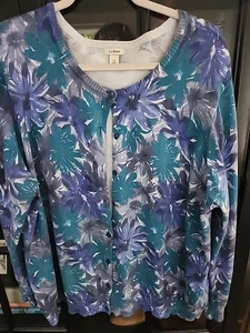 LL Bean Womans 3X Blue Floral Knit Button Up Cardigan  - Picture 1 of 6