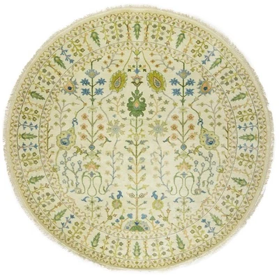 8x8 Round Ivory Oushak Chobi Rug Hand-Knotted Wool Oriental Carpet - Image 1 of 4