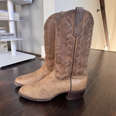 Botas caubói masculinas Larry Mahan todas de couro marrom 10D feitas nos EUA no oeste - Imagem 1 de 4
