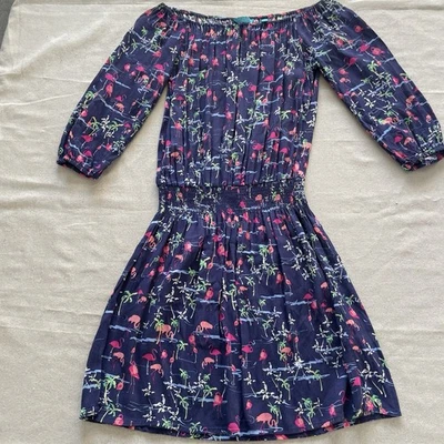 Tori Richard Honolulu Mini Dress Womens 10 Blue Floral Hawaiian Off The Shoulder - Image 1 of 4