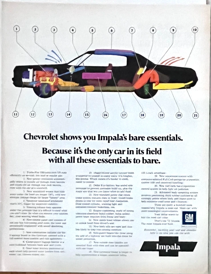1971 magazine ad for Chevrolet - Impala's base essentials illustrated - Image 1 of 1