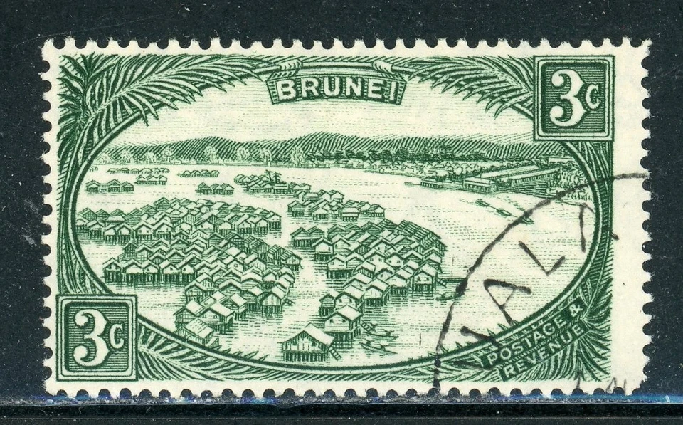 BRUNEI 64 SG81 Used 1947-51 3c grn River Dwellings Wmk Mult Script CA CV$8 - Image 1 of 1