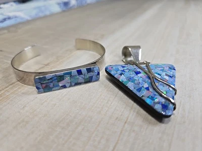 Двусторонний кулон и манжета Jay King с микро-мозаичным опалом из черного агата 925 пробы... - Изображение 1 из 4