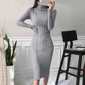 Autumn and Winter Womens Long Sleeve Turtleneck Sweater Dresses Warm Knitted - Picture 1 of 26