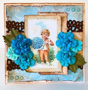 Handmade Lemoncraft Vitnage Boy & Blue Flowers Victorian Card Bella Stitchery - Picture 1 of 3