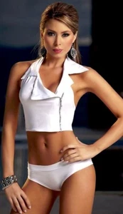 2061 White Gog Zip Wet Look 2 Piece Bikini Tankini Dance Rave Club wear M L XL - Picture 1 of 6