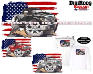 Ford F150 F 150 American Truck USA Flag DigiRods / Koolart Cartoon Car T Shirt  - Picture 1 of 7