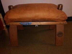 Tooled Leather & Wood Vintage Ottoman with Egyptian Theme - 1940's or 1950's  - Picture 1 of 12