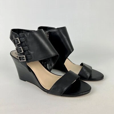 Vince Camuto Womens Lyssia Black Leather Sandals Open Toe Wedge Buckles size 9 - Image 1 of 4