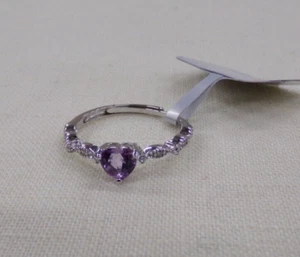 Womens Adjustable Silver Ring Signed 925 Natural Heart Shaped Amethyst Stone NEW - Picture 1 of 5
