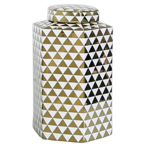 Hexagonal Ginger Jar Ceramic White Gold Storage Oriental Display Vase Lid 30cm - Picture 1 of 5