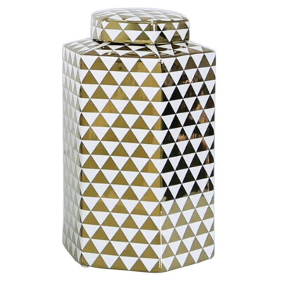 Jarrón hexagonal de jengibre cerámica oro blanco almacenamiento tapa de jarrón de exhibición oriental 30 cm Foto 1 de 4