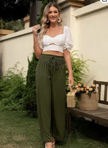 SIMPLEE Women’s L Army Green Summer High Waisted Palazzo Pants Wide Leg - Picture 1 of 7