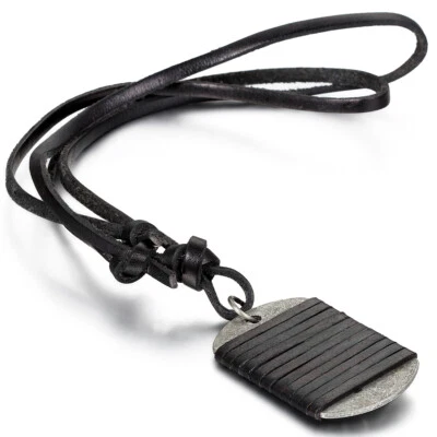 Army Military Dog Tag Men's Black Leather Pendant Necklace w Adjustable Cord - Image 1 of 4