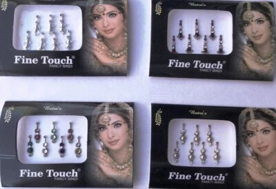 PACK DE 8 TATUAJES BINDI CABEZA BOLLYWOOD TAMAÑO LARGO PLATA, MULTICOLOR, GRANATE, DORADO Foto 1 de 3