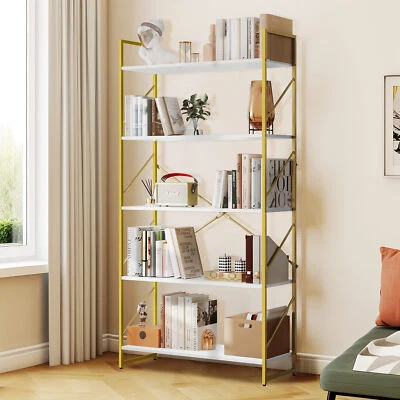 5 Tier Gold Bookshelf Bookcase Storage Rack Shelves for Living Room/Home/Office - Image 1 of 4