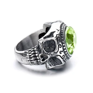 Gothic Green CZ Skull Ring Stainless Steel Men's Biker HipHop Wedding Skull Ring - Picture 1 of 5