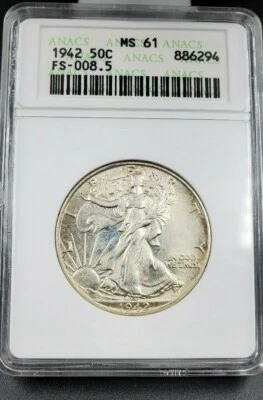 1942 P Walking Liberty Half Dollar Coin ANACS MS61 DDO FS-101 FS-008.5 Variety - Image 1 of 3
