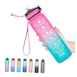 32 oz Water Bottles with Times to Drink and Straw, Motivational Pink-Green - Picture 1 of 7