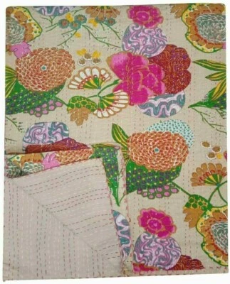 Indian Handmade Queen Cotton Kantha Quilt Throw Blanket Bedspread Floral Print - Image 1 of 3